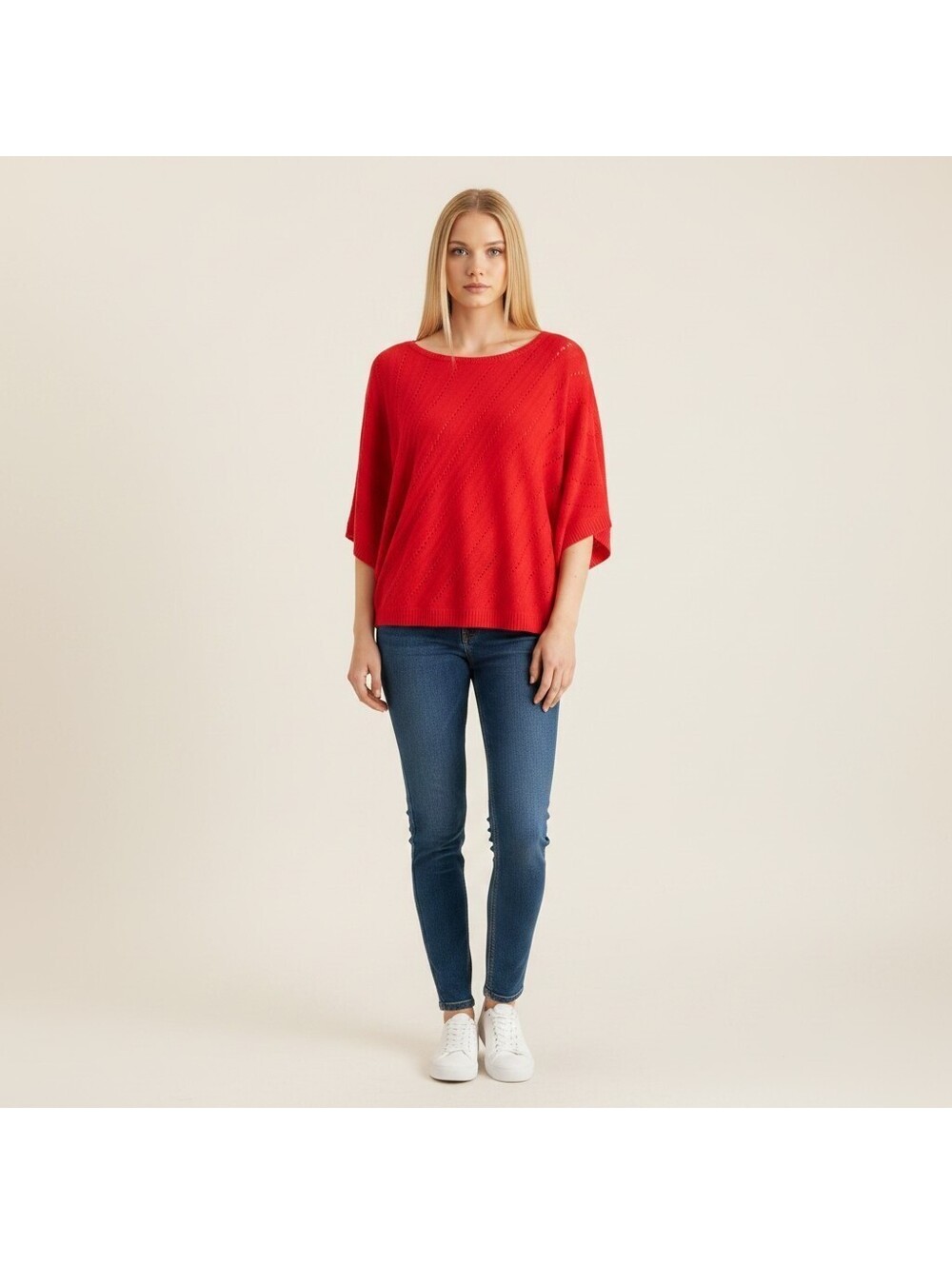 New York & Company Sweater Pullover Women L Large Red Knit 3/4 Sleeve Soft Cozy